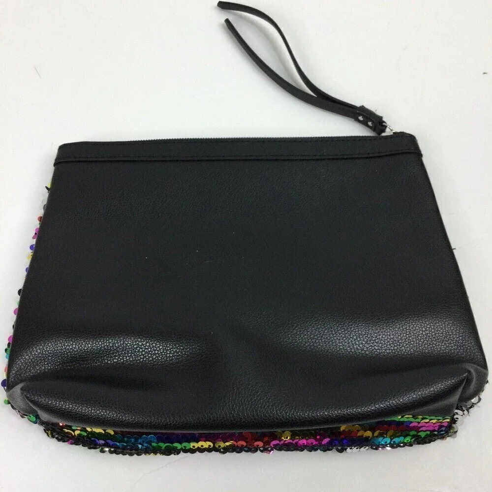 Victoria's Secret Black Silver Rainbow Sequin Makeup Cosmetic Bag Pouch Wristlet
